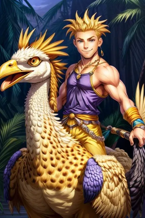 (masterpiece, best quality, highres, absurdres, ultra-detailed:1.3), <lora:SabinReneFigaro:0.8> 1boy, solo, SabinReneFigaro, purple muscle shirt, yellow pants, blonde hair, spiked hair, wristband, necklace, (riding a yellow ostrich, smile),<lora:add_detail_v1:0.8> <lora:LowRA:0.4> <lora:riding_a:0.6>