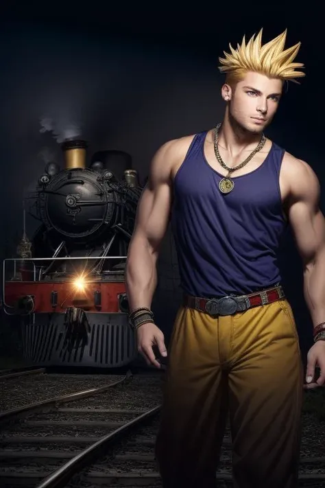 (masterpiece, best quality, highres, absurdres, ultra-detailed:1.3), <lora:SabinReneFigaro:0.6> 1boy, solo, SabinReneFigaro, purple muscle shirt, yellow pants, blonde hair, spiked hair, wristband, necklace, chased by steam engine, train tracks, haunted forest at night<lora:add_detail_v1:0.8> <lora:LowRA:0.85>