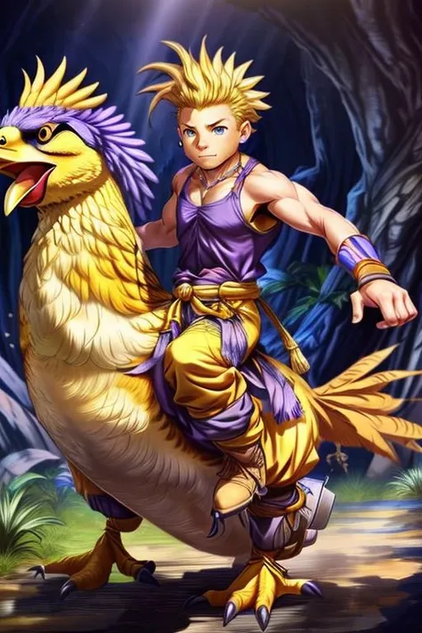 (masterpiece, best quality, highres, absurdres, ultra-detailed:1.3), <lora:SabinReneFigaro:0.8> 1boy, solo, SabinReneFigaro, purple muscle shirt, yellow pants, blonde hair, spiked hair, wristband, necklace,(riding a big yellow chicken),<lora:add_detail_v1:0.8> <lora:LowRA:0.4> <lora:riding_a:0.9>
