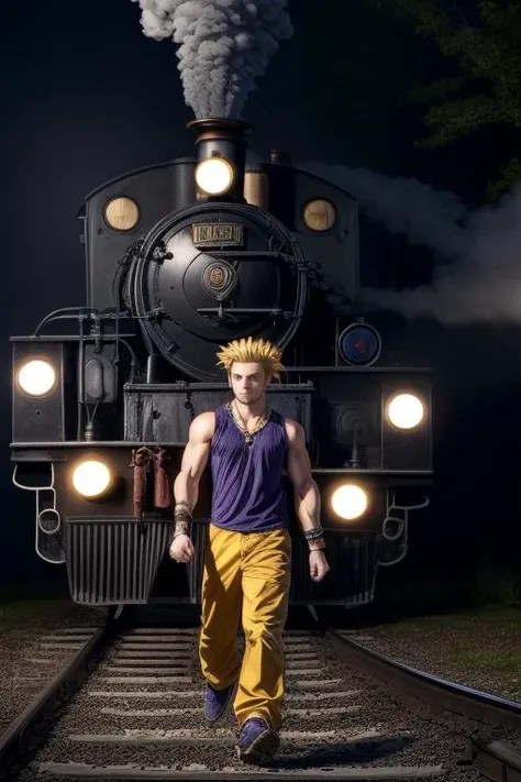 (masterpiece, best quality, highres, absurdres, ultra-detailed:1.3), <lora:SabinReneFigaro:0.6> 1boy, solo, SabinReneFigaro, purple muscle shirt, yellow pants, blonde hair, spiked hair, wristband, necklace, chased by steam engine, (ghost train), train tracks, haunted forest at night<lora:add_detail_v1:0.8> <lora:LowRA:0.85>