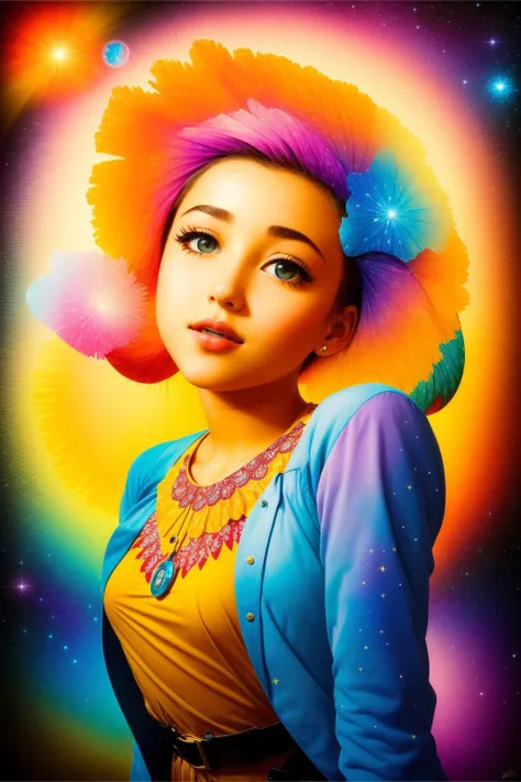 1girl, (stylized by Georges Braque:1.2) and (Janek Sedlar:1.0) , grand Spray paint style, surreal, knee level shot of a Ludicrous Impressionist Ivorian ([Gamma-ray burst|protein]:1.3) , it has ornate details, it is anthropomorphic with a face, Hyperdetailed nature in background, Tasteful vegetation and Aquarius constellation in background, Clear skies, Wide view, Cosy, 50s Art, side light, Fish-eye Lens, four colors, Rule of Thirds, DayGlo yellow flakes, Pixabay, contest winner