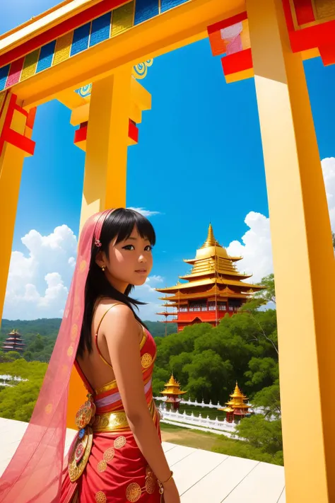 1girl, colorful Anime, highly detailed, landscape of a ([Vezelay:Shwezigon Pagoda:5]:1.3) in the distance there is a Pura Besakih, it is very Magical and Tropical, stylized geometric patterns, gems, steel and chrome desolate cityscape with Grass, Summer, Wonder, Dark Academia, soft light, telephoto lens, Autochrome, rpg concept art, Swirling, masterpiece, UHD