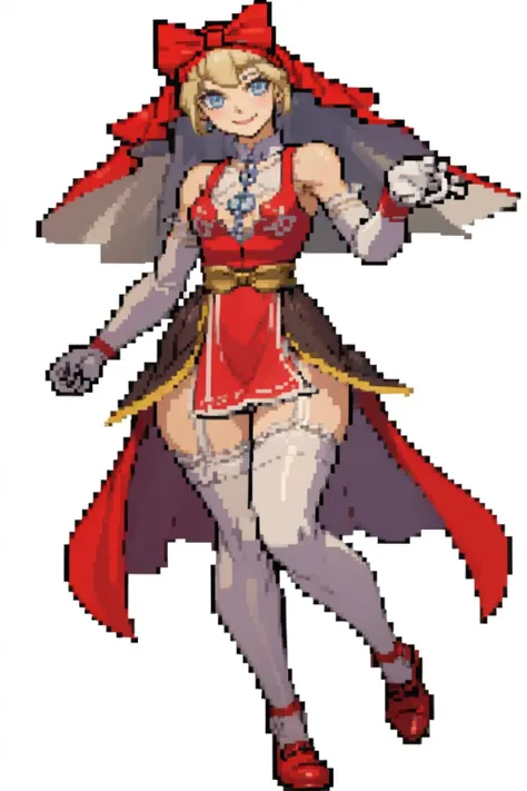 masterpiece, best quality, solo, 1girl, looking at viewer, smile, <lora:CPS3_Fp:0.8>, simple background, full body, standing, <lora:Idun:1>, red dress, veil, bow, thighhighs, white gloves,