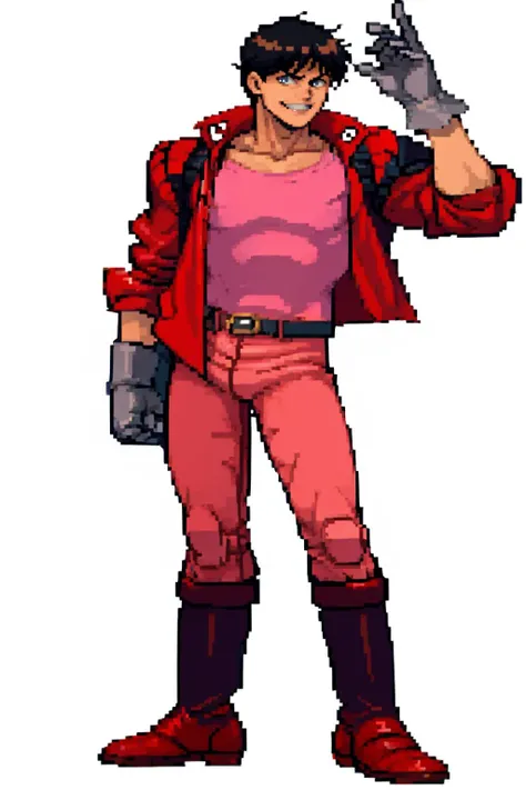 masterpiece, best quality, solo, 1boy, looking at viewer, smile,<lora:CPS3_Fp:0.8>, simple background, full body, standing, <lora:akira_kaneda-11:0.8> kaneda shotaro, red jacket, red gloves, red pants, boots