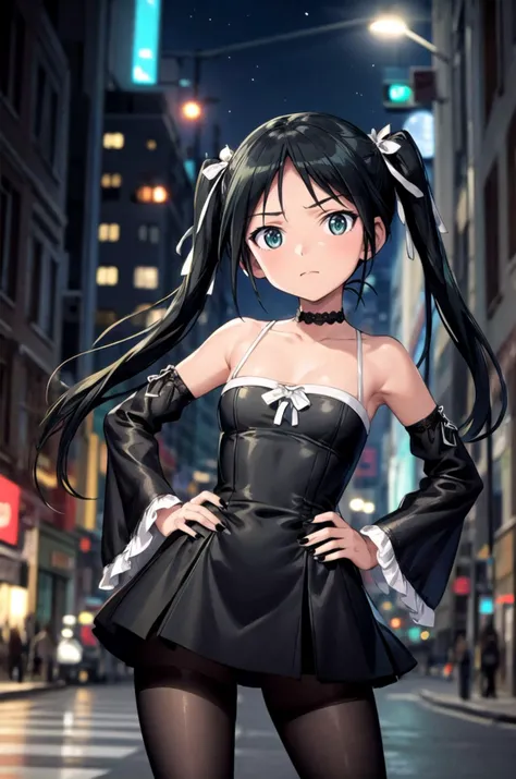 (masterpiece, best quality, detailed), 1girl, solo, looking at viewer, <lora:francesca-strikewitches:0.8>, francesca lucchini, gothic, goth fashion, black dress, frills, detached sleeves, bare shoulders, hair ribbon, jewelry, cross necklace, outdoors, city, cyberpunk, contrapposto, legs apart, head tilt, black nails, pantyhose, night, city lights, neon lights, street, car, people, hand on own hip, arm at side, closed mouth