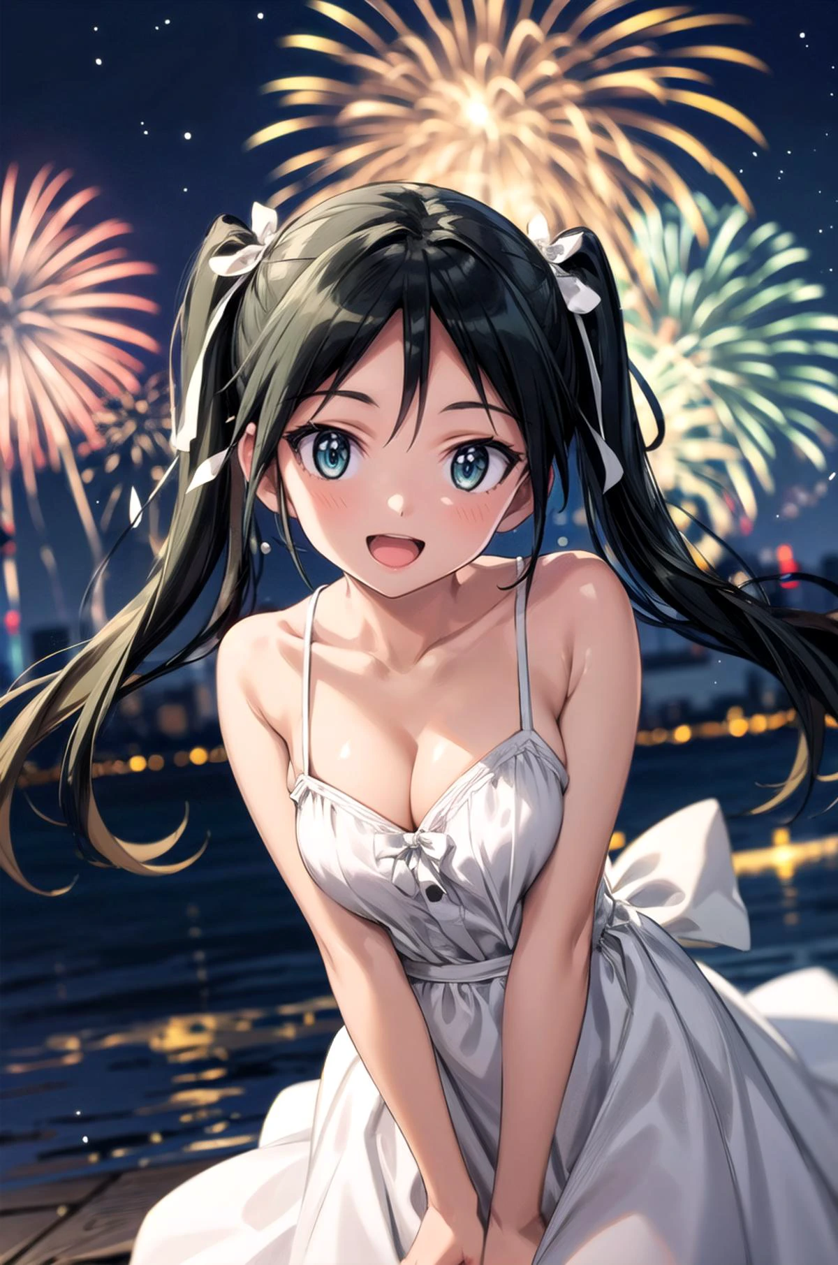 (masterpiece, best quality, detailed), 1girl, solo, looking at viewer, <lora:francesca-strikewitches:0.8>, francesca lucchini, sundress, white dress, sleeveless dress, bare shoulders, fireworks, aerial fireworks, <lora:breasts_squeezed_together_v0.2:0.9> (breasts squeezed together), (v arms), spaghetti strap, night, night sky, city lights, breasts, cleavage, leaning forward, smile, open mouth