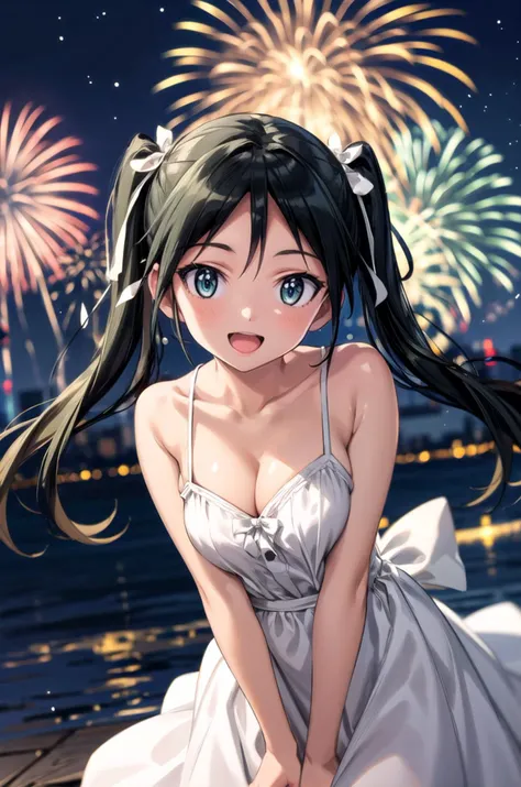 fourth of july ,block party, night, fireworks (Two beautiful girls holding a banner with text "happy", "july", "fourth"," ❤️") connie maheswaran (left side, Fit woman with dark skin, an oblong-shaped face, vivacious black eyes, a narrow convex hooked nose, perfect square body, black eyes, long black hair, toned, curvy hips, dragonbraid and a firm chest wearing a blue stars and black stripe print summer dress ); and sassy ( right side, an african-american-Caribbean woman, voluptuous, curvy, strong, shortie, sensuously cool, braided black hair, soft heart-shaped face, concaved Nubian button nose, heart-shaped physique, heart hips, glasses, heterochromia wine and brown eyes. Wearing a orange stars and black stripe print mini summer dress), Perfect characters perfect hands, perfect Face, perfect eyes, perfect physiques, dynamic perspective, ultra absurdres, ultra-detail, screencap, beautiful aesthetic, extravagant composition, hdr, uhd, sharp gradients, deep highlights, 8k, 2.5d, cel-shaded, ray tracing, masterpiece, best quality, high extravagance, high exposure, depth of field, ultra background, detailed smooth textures,