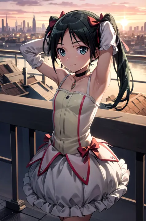 (masterpiece, best quality, detailed), 1girl, solo, looking at viewer, <lora:francesca-strikewitches:0.8>, francesca lucchini, <lora:MadokaCostumePackV1_2:0.9>, madoka outfit, outdoors, rooftop, cityscape, building, railing, arms behind head, cowboy shot, sunset, orange sky, scenery, light smile, closed mouth