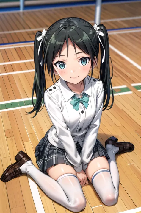 (masterpiece, best quality, detailed), 1girl, solo, looking at viewer, <lora:francesca-strikewitches:0.8>, francesca lucchini, school uniform, long sleeves, <lora:school_gym_v0.1:1>, school gym, wariza, hand between legs, from above, pleated skirt, white shirt, collared shirt, bowtie, plaid skirt, plaid, sweater vest, blazer, school bag, miniskirt, black thighhighs, loafers, on floor, light smile, closed mouth