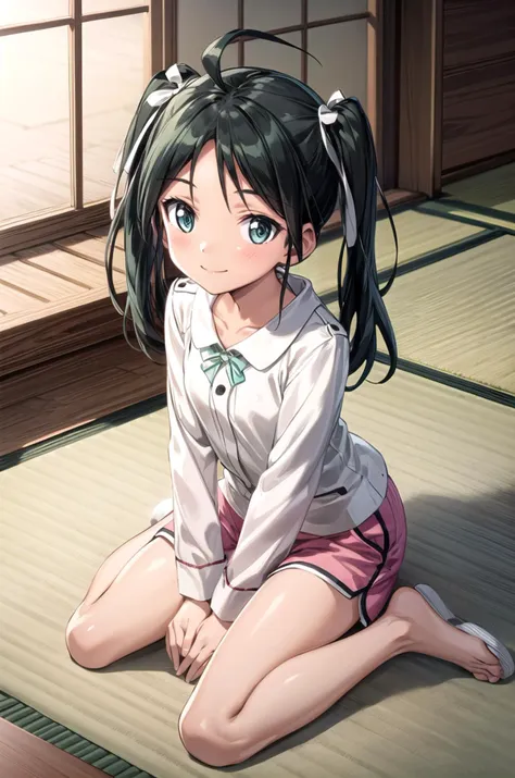 (masterpiece, best quality, detailed), 1girl, solo, looking at viewer, <lora:francesca-strikewitches:0.8>, francesca lucchini, pajamas, morning hair, sleepy, ahoge, messy hair, indoors, wariza, hand between legs, from above, shorts, pink shorts, slippers, tatami, table, smile, closed mouth