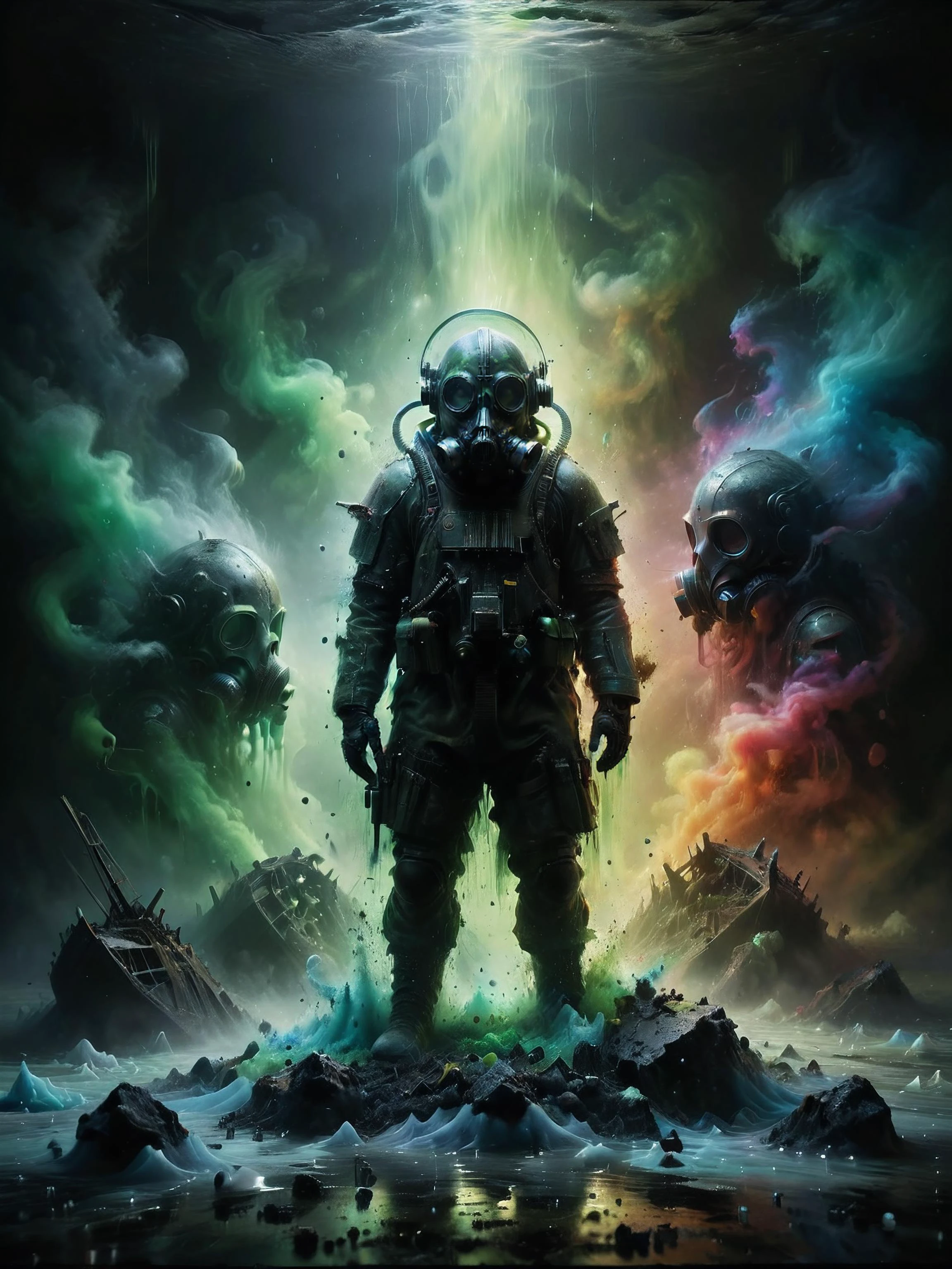 plaguemarine with gas mask and armor, green mist, fog, smoke, slime, Sandbags, Rainbow, Brutalist, (Hieronymus Bosch,Leonor Fini,Odd Nerdrum:1.25), Fog or mist,Shipwreck, Dissonant, (Metallics:1.1), (Repetition:1.1), (Tempera:1.1), (Backlit:1.2), Ice, Rhombus, ultra detailed, intricate, oil on canvas, dry brush, (surrealism:1.1), (disturbing:1.1) <lora:plaguemarine:0.8>