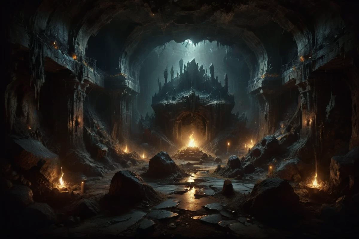 style of Susan Seddon Boulet,A dimly lit cavern deep underground, serving as a hidden lair for a band of outlaws. Rough-hewn stone walls are partially lit by flickering torches, casting long shadows. Stacks of weapons and overflowing chests of gold coins are scattered around. A hulking orc sharpens a massive axe on a grindstone in the background. medieval_lair, cavern, outlaws, dark, flickering_light, treasure, weapons