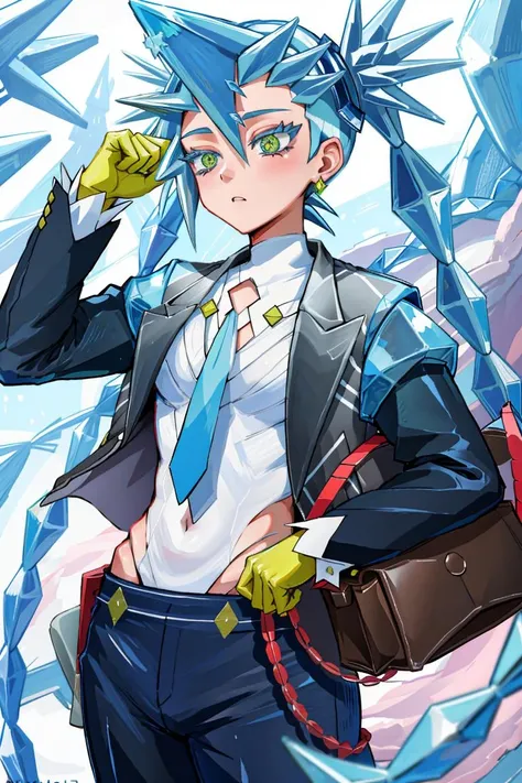 (masterpiece, best quality, highres, ultra detailed:1.2), (solo, 1girl, cowboy shot), korimiku, blue hair, green eyes, blue eyelashes, gloves, earrings, jacket, tie, bag, long pants, BREAK, frown, serious expression, (dynamic pose), BREAK, (ice, cold, winter, forest, snow)
