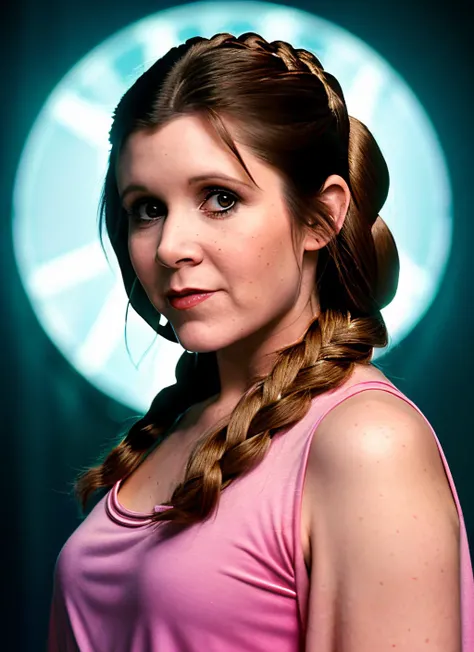 portrait of Carrie Fisher, coy , wearing maternity wear , with ash brown Fishtail braid , background dungeon epic (photo, studio lighting, hard light, sony a7, 50 mm, matte skin, pores, colors, hyperdetailed, hyperrealistic), <lyco:Carrie Fisher:1.1>