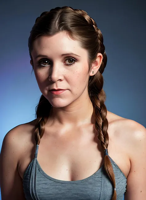 portrait of Carrie Fisher, frown , wearing mini dress , with gray Side braid , background sunset epic (photo, studio lighting, hard light, sony a7, 50 mm, matte skin, pores, colors, hyperdetailed, hyperrealistic), <lyco:Carrie Fisher:1.1>