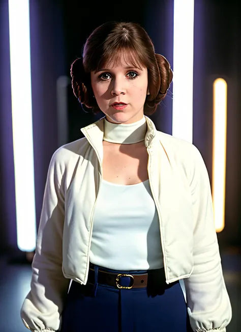 portrait of Carrie Fisher, regretful , wearing outerwear , with white Side-swept bangs , background office epic (photo, studio lighting, hard light, sony a7, 50 mm, matte skin, pores, colors, hyperdetailed, hyperrealistic), <lyco:Carrie Fisher:1.1>