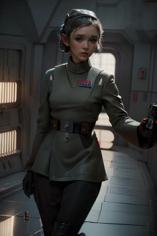 Carrie Fisher wearing a (brown imperialofficer uniform:1.4),
focus, 1girl, ,, vivid hair, (looking at viewer:0.5), half body, brown micro skirt, thigh gap, with Princess Leia hair, Princess Leia,
, (princess leia hair style:1.2),
star wars, stars, imperial base,
, brown hair,
ankymoore, ( illustration:1.4),
action pose, holding pistol, blaster
blurry background, bokeh,
flat breast, flat chest, straight hair, looking at viewer, (masterpiece), (best quality:1.2), absurdres , <lora:ankymoore:0.42>
(masterpiece, best quality), intricate details, ((blushing)), (tight gap:1.2), bare tights,
absurdres, ((cinematic lighting)),ultra detailed, highres, best quality, face focus, (8k, RAW photo, best quality, masterpiece:1.2), 35mm focal length ,particles, accent lighting,
film grain, depth of field, ((masterpiece:1.2)), ((best quality:1.2)), ,beautiful lighting , high detailed, 8k, muted colors, behance hd, best quality, (realistic:1.2), (low contrast:0.8), wide depth of field, bloom, accent lighting, extremely detailed, 8k, hyper detailed, best quality, ultra high res, high resolution, (photorealistic:1.4)
<lora:ImpofficerV2:0.78> <lora:starwars:0.74> <lora:Carrie Fisher:0.76> <lora:add_detail:0.4> <lora:NijiExpressV2:0.5>