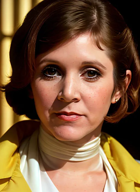 portrait of Carrie Fisher, surprise , wearing silk , with yellow Layered haircut , background jewish temple epic (photo, studio lighting, hard light, sony a7, 50 mm, matte skin, pores, colors, hyperdetailed, hyperrealistic), <lyco:Carrie Fisher:1.1>