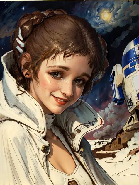 (masterpiece, best quality, detailed), 8K, sketch, best lighting, beautiful face, detailed face, detailed eyes, pure face, 1girl, 18 years old, smile, Carrie Fisher, solo, wearing white cape , with Princess Leia hair, Princess Leia, fantasy, illustration by amano yoshitaka, wind, cowboy shot, stars, spaceship, r2-d2, science fiction, <lyco:Carrie Fisher:1.0>, <lora:amano_yoshitaka_offset:0.8>, star wars