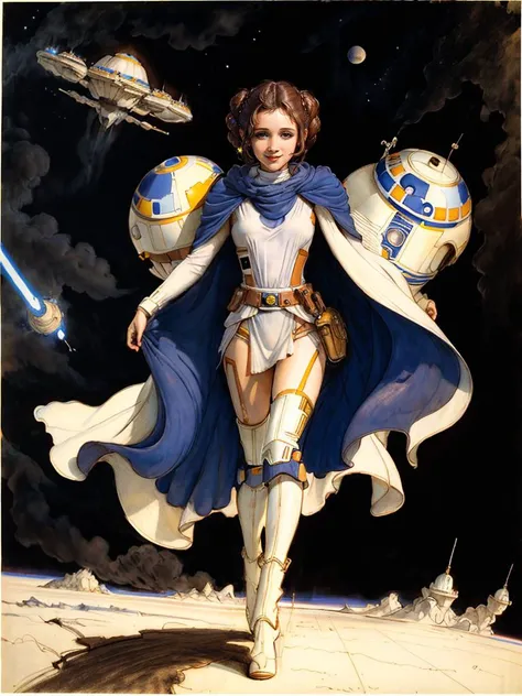 (masterpiece, best quality, detailed), 8K, sketch, best lighting, beautiful face, detailed face, detailed eyes, pure face, 1girl, 18 years old, smile, Carrie Fisher, solo, wearing cape , with Princess Leia hair, Princess Leia, full body, fantasy, illustration by amano yoshitaka, wind, upper body, stars, spaceship, r2-d2, science fiction, <lyco:Carrie Fisher:1.0>, <lora:amano_yoshitaka_offset:0.8>, star wars