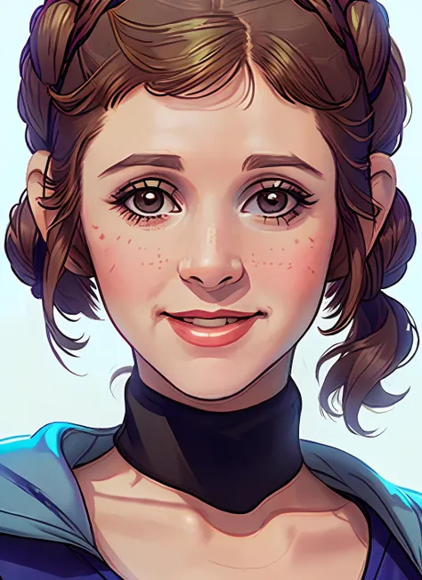 closeup portrait of Carrie Fisher, smiling , wearing Princess Leia cosplay and hair style , background fantasy city epic (photo, studio lighting, hard light, sony a7, 50 mm, matte skin, pores, colors, hyperdetailed, hyperrealistic), <lyco:Carrie Fisher:1.1>