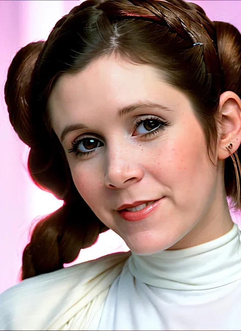 closeup portrait of Carrie Fisher, smiling , wearing Princess Leia cosplay and hair style , background capitol building epic (photo, studio lighting, hard light, sony a7, 50 mm, matte skin, pores, colors, hyperdetailed, hyperrealistic), <lyco:Carrie Fisher:1.1>