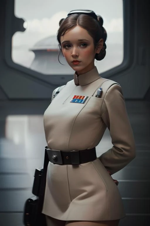 Carrie Fisher wearing a (brown imperialofficer uniform:1.4),
focus, 1girl, , outdoors, vivid hair, (looking at viewer:0.5), half body, brown micro skirt, thigh gap,
spoken !, , (princess leia hair buns:1.2),
star wars, stars, Imperial base,
, brown hair,
ankymoore, ( illustration:1.4),
((shortstack:1.5)), (skindentation:1.5)
, ,ankymoore, posing,
flat breast, flat chest, straight hair, looking at viewer, (masterpiece), (best quality:1.2), absurdres, intricate details, , <lora:ankymoore:0.42>
(masterpiece, best quality), intricate details, ((blushing)), (tight gap:1.2), bare tights,
absurdres, ((cinematic lighting)),ultra detailed, highres, best quality, face focus, (8k, RAW photo, best quality, masterpiece:1.2), photon mapping, 35mm focal length ,particles, accent lighting,
film grain, depth of field, ((masterpiece:1.2)), ((best quality:1.2)), ,beautiful lighting , high detailed, 8k, muted colors, chromatic aberration, ,vibrant , behance hd, best quality, (realistic:1.2), (low contrast:0.8), wide depth of field, bloom, accent lighting, extremely detailed, 8k, hyper detailed, best quality, ultra high res, high resolution, (photorealistic:1.4)
<lora:ImpofficerV2:0.78> <lora:starwars:0.74> <lora:Carrie Fisher:0.76>