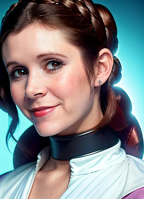 closeup portrait of Carrie Fisher, smiling , wearing Princess Leia cosplay and hair style , background fantasy city epic (photo, studio lighting, hard light, sony a7, 50 mm, matte skin, pores, colors, hyperdetailed, hyperrealistic), <lyco:Carrie Fisher:1.1>