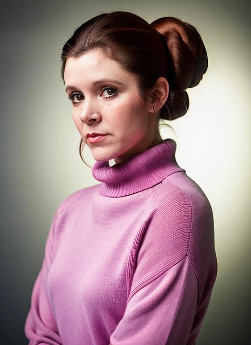 portrait of Carrie Fisher, flustered , wearing sweater , with dark red Ponytail , background simple epic (photo, studio lighting, hard light, sony a7, 50 mm, matte skin, pores, colors, hyperdetailed, hyperrealistic), <lyco:Carrie Fisher:1.1>