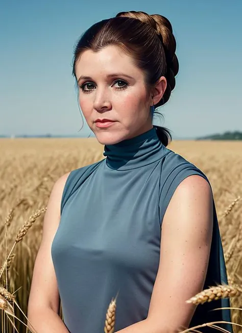 portrait of Carrie Fisher, determined , wearing haute couture , with gray Ponytail , background field of wheat epic (photo, studio lighting, hard light, sony a7, 50 mm, matte skin, pores, colors, hyperdetailed, hyperrealistic), <lyco:Carrie Fisher:1.1>