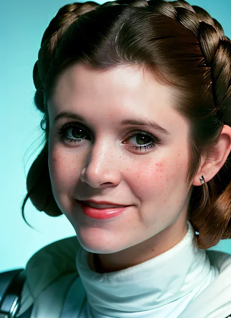 closeup portrait of Carrie Fisher, smiling , wearing Princess Leia cosplay and hair style , background court epic (photo, studio lighting, hard light, sony a7, 50 mm, matte skin, pores, colors, hyperdetailed, hyperrealistic), <lyco:Carrie Fisher:1.1>