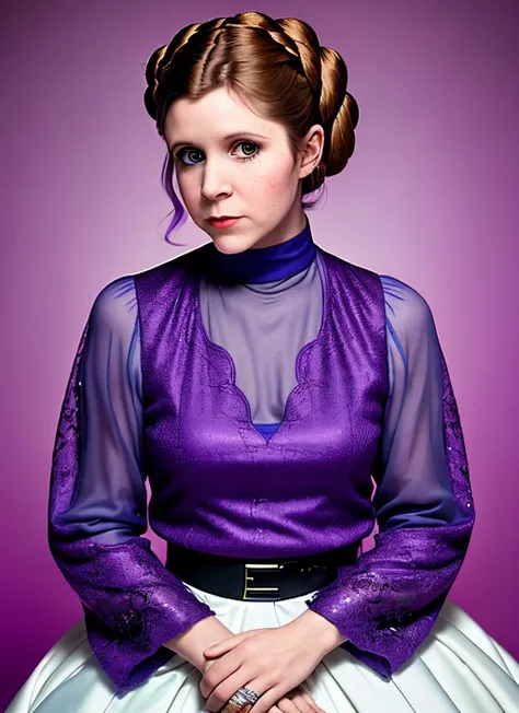 portrait of Carrie Fisher, sick , wearing haute couture , with purple French bob , background court epic (photo, studio lighting, hard light, sony a7, 50 mm, matte skin, pores, colors, hyperdetailed, hyperrealistic), <lyco:Carrie Fisher:1.1>