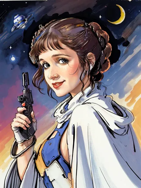 (masterpiece, best quality, detailed), 8K, sketch, best lighting, beautiful face, detailed face, detailed eyes, pure face, 1girl, 18 years old, smile, Carrie Fisher, solo, wearing white cape , with Princess Leia hair, Princess Leia, fantasy, illustration by amano yoshitaka, wind, cowboy shot, holding pistol, stars, spaceship, r2-d2, science fiction, <lyco:Carrie Fisher:1.0>, <lora:amano_yoshitaka_offset:0.8>, star wars