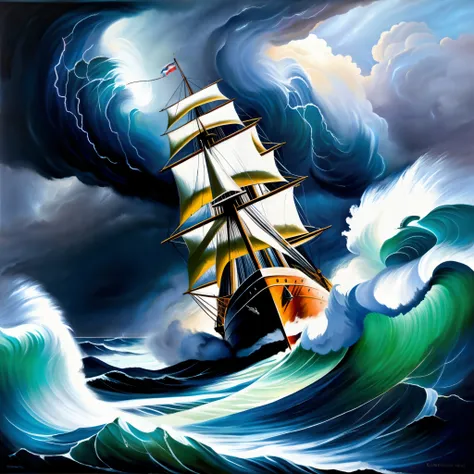 expedition ship in a huge storm detailed oil painting, Luminous Waves