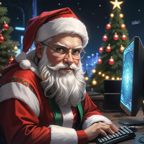 (masterpiece, best quality:1.2), cyberpunk Santa Claus, hi-tech gadgets, looking at viewer, face close up, typing in front of computer monitor, christmas tree made of computer chips in background, covered in christmas lights, glowing at night