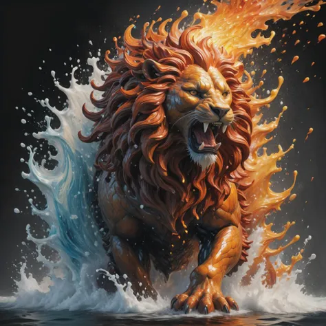 abstract expressionism, intricately formed dynamic splash of fire and water in the shape of a lion