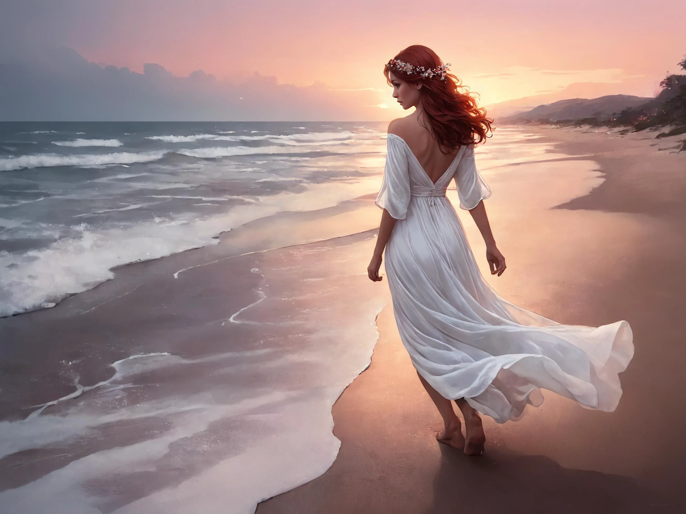 fantasy digital painting of a woman, ethereal beauty, looking at the sky longingly, detailed sad eyes, walking through the beach, barefoot, wearing a loose white sheer dress that flows in the wind, flowers in her hair, orange red pink sky, back view, dreamy atmosphere, bathed in the crimson light of dusk, <lora:Anna_Dittmann_Style_XL-000009:0.7> Anna Dittmann <lora:greg_rutkowski_xl_v1:0.9> Greg Rutkowski