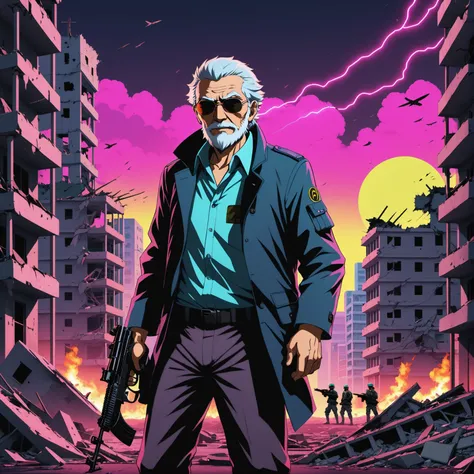 anime artwork Picture in ((neon noir style )) of an old man holding a ak47 in a destroyed city after a nuclear blast . anime style, key visual, vibrant, studio anime,  highly detailed