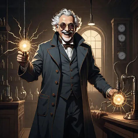 ((line art drawing)), old evil scientist, psycho, laughing, science coat, dark experiments, electricity sparks, victorian, dark science lab, steampunk sun glasses, dark atmosphere, Homunculus . highly detailed . professional, sleek, modern, minimalist, graphic, line art, vector graphics