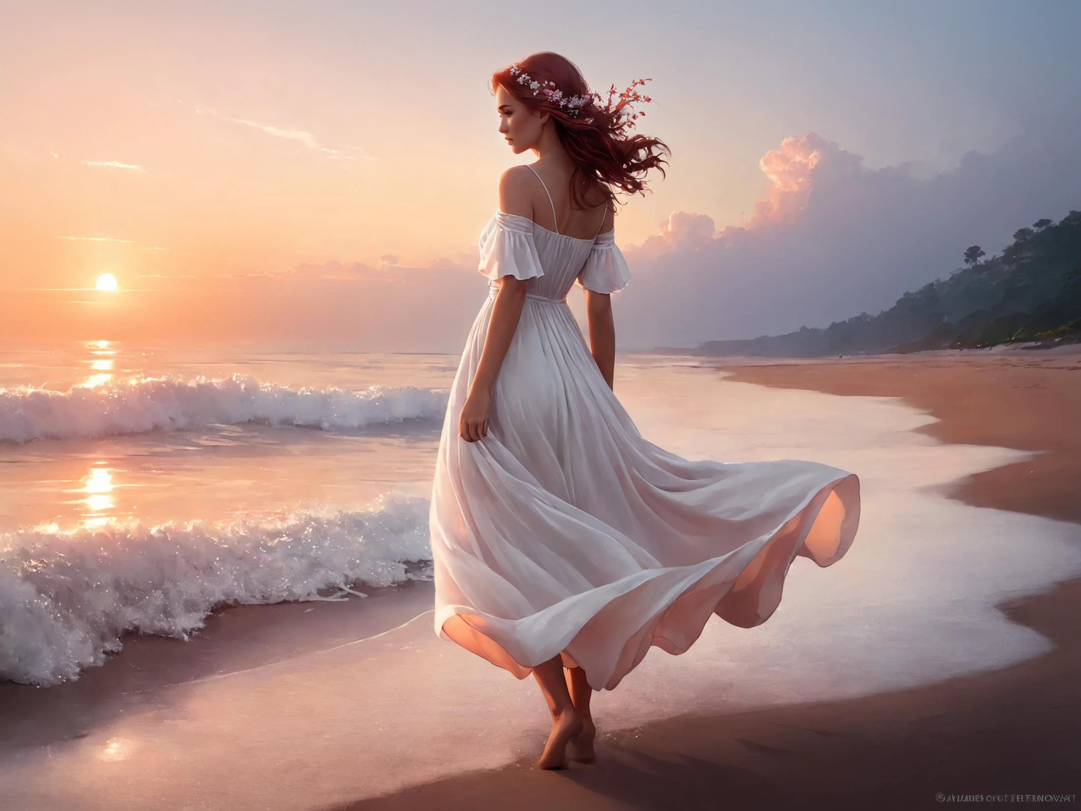 fantasy digital painting of a woman, ethereal beauty, looking at the sky longingly, detailed sad eyes, walking through the beach, barefoot, wearing a loose white sheer dress that flows in the wind, flowers in her hair, orange red pink sky, back view, dreamy atmosphere, bathed in the crimson light of dusk, <lora:Anna_Dittmann_Style_XL-000009:0.7> Anna Dittmann <lora:greg_rutkowski_xl_v1:0.9> Greg Rutkowski