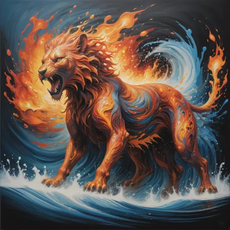 abstract expressionism,  intricately formed dynamic splash of fire and water in the shape of a lion