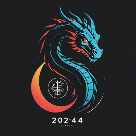 Minimalist painting of sci - fi character design, minimal design, Dragon,absolute straigt lines vector, black background, pop art colour, Text "2024 Year Of Dragon"