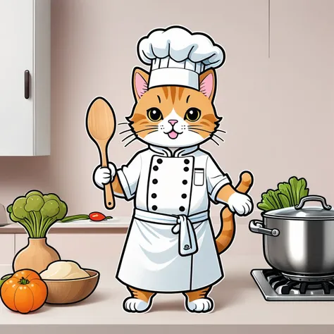 line art drawing ((a cute cat chef in his kitchen")), masterpiece, best quality, Sticker, Cute sticker, Kawaii sticker, die-cut, plain background, illustration minimalism, vector, pastel colors, kawaii . professional, sleek, modern, minimalist, graphic, line art, vector graphics