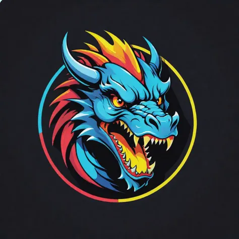 furious Dragon logo, simple pop-art colour, symetric line, straight line vector, black baground