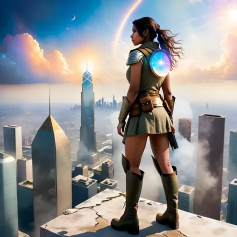 ethereal fantasy concept art of soldier woman standing on the edge of a skyscraper looking down, on the last day on earth, post-apocalyptic destroyed city background (colorful aquarelle ), high quality photography, 3 point lighting, flash with softbox, 4k, Canon EOS R3, hdr, smooth, sharp focus, high resolution, award winning photo, 80mm, f2.8, bokeh . magnificent, celestial, ethereal, painterly, epic, majestic, magical, fantasy art, cover art, dreamy