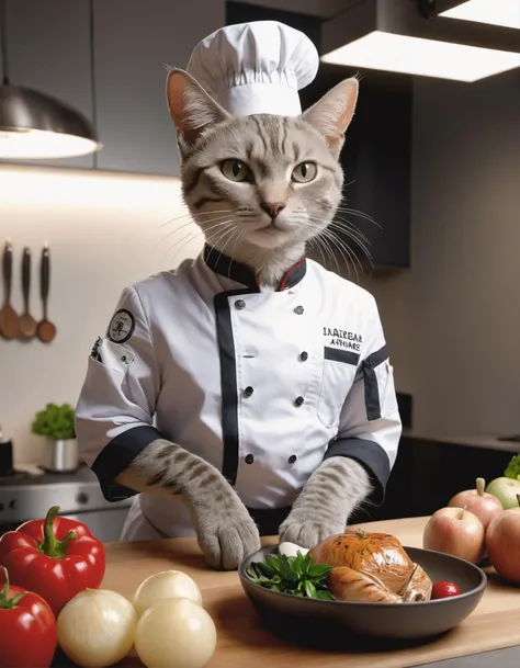a cat, ((chef outfit)), epic scene, dynamic camera, backlight, (close up:1.2), high quality photography, 3 point lighting, flash with softbox, 4k, Canon EOS R3, hdr, smooth, sharp focus, high resolution, award winning photo, 80mm, f2.8, bokeh
, detailed, realistic, 8k uhd, high quality