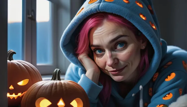 close up photograph of a age 35 years old irish woman, overthinking under duvet ( pumpkins patterns:1.1), in front of viewer,overwhelmed look,elegant woman,head bent,(multicolored:1.3) red and blue hair,BREAK,wrinkles,(freckles:0.6),grainy and pores skin, (smirk:1.1), fluffy hoodie with cute skulls pattern(blue backlight:1.2),(opened framed window in background:1.1), hyper realism, intricate,(masterpiece, best quality, highres)