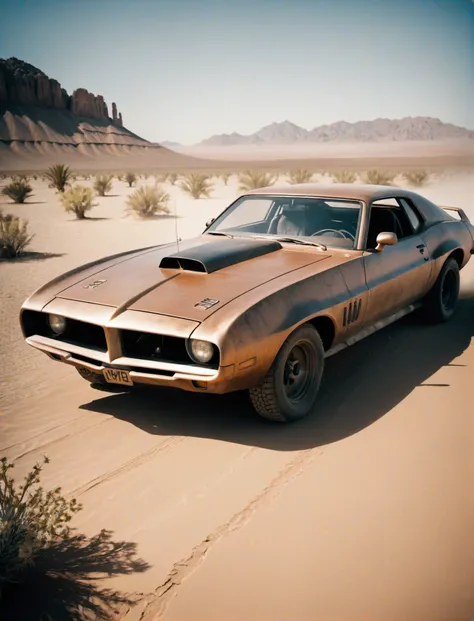 analog film photo mad max sports car in a dessert . faded film, desaturated, 35mm photo, grainy, vignette, vintage, Kodachrome, Lomography, stained, highly detailed, found footage
