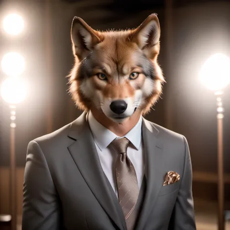 antropomorpic wolf wearring buisness suit, high quality photography, 3 point lighting, flash with softbox, 4k, Canon EOS R3, hdr, smooth, sharp focus, high resolution, award winning photo, 80mm, f2.8, bokeh