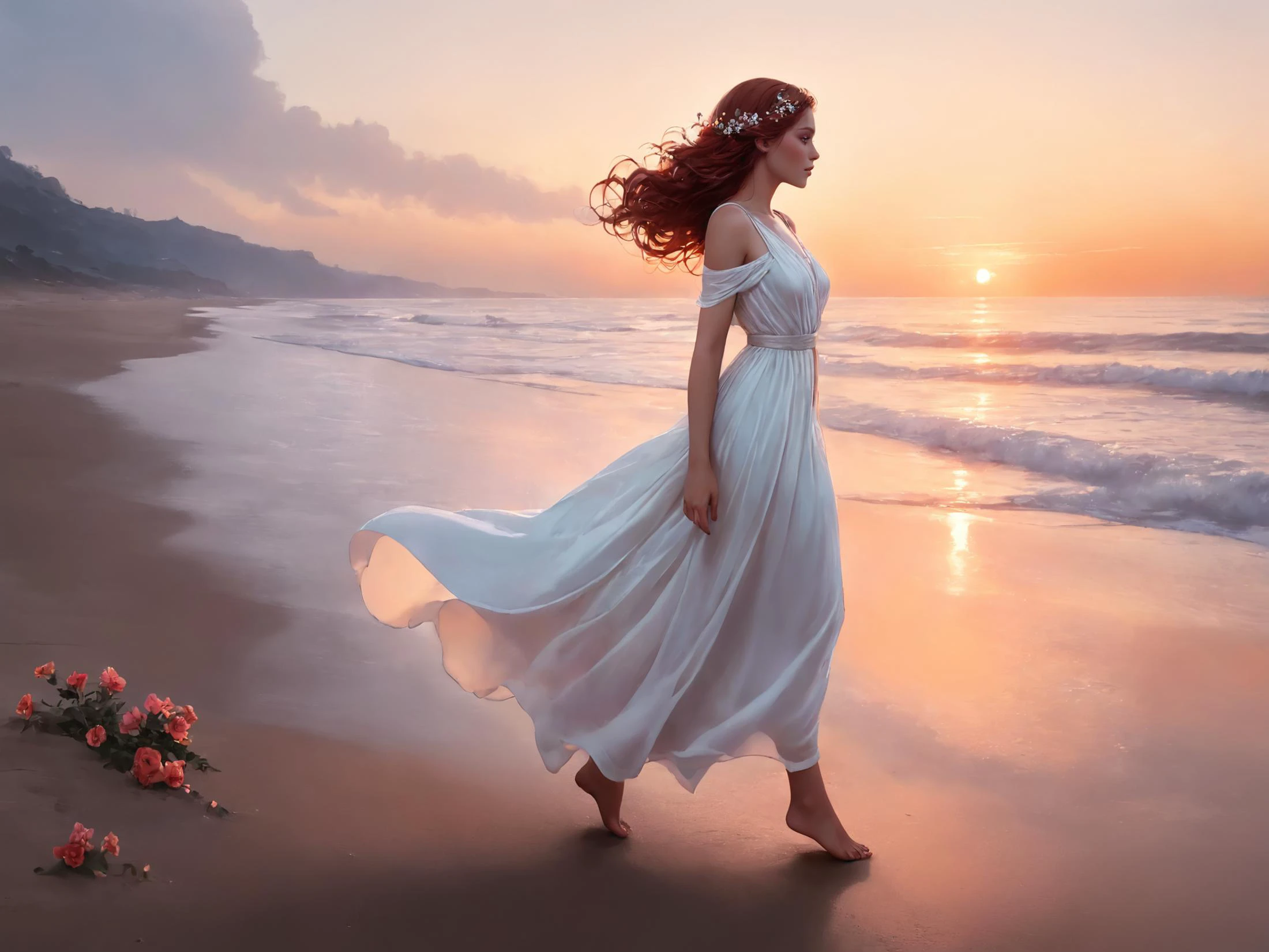 fantasy digital painting of a woman, ethereal beauty, looking at the sky longingly, detailed sad eyes, walking through the beach, barefoot, wearing a loose white sheer dress that flows in the wind, flowers in her hair, orange red pink sky, side view, dreamy atmosphere, bathed in the crimson light of dusk, <lora:Anna_Dittmann_Style_XL-000009:0.7> Anna Dittmann <lora:greg_rutkowski_xl_v1:0.9> Greg Rutkowski